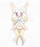  anthro audino bit-small blush breasts chest_tuft chubby curls cute female fur looking_at_viewer mega_audino mega_evolution nintendo plain_background pok&eacute;mon pok&eacute;morph red_eyes solo swirls tuft video_games waving wide_hips 