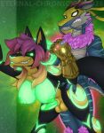  anal anthro canid canine curvy_figure curvy_horns dragon duo eastern_dragon eternal-chronicler fox genitals glowing glowing_eyes glowing_genitalia glowing_horn glowing_markings glowing_nipples glowing_penis gradient_hair gynomorph hair hi_res horn hybrid infinity_gauntlet infinity_stone intersex intersex/male iron_fist_(marvel) male mammal markings muscular muscular_male mythological_creature mythological_scalie mythology nipples penis scalie wide_hips yaang 
