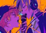  2boys backwards_hat baseball_cap blue_hair chain chain_necklace closed_eyes commentary_request earrings hat headphones highres holding holding_microphone iro2529 jacket jewelry kitami_yusei looking_at_another male_focus microphone multicolored_hair multiple_boys necklace nijisanji open_mouth orange_background orange_hair purple_hair ring sakaki_ness short_hair singing streaked_hair virtual_youtuber yaoi 