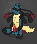  2014 animal_genitalia anthro balls black_background canine cum cum_on_hand english_text erection fur holding_penis looking_at_viewer lucario male mammal mega_evolution mega_lucario nintendo nude open_mouth orange_eyes penis plain_background pok&eacute;mon reji shadow smile solo spikes spread_legs spreading text video_games 