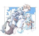  1boy 1girl ahoge armor armored_dress bare_shoulders black_pants blonde_hair blue_hoodie breastplate brown_hair choker collarbone commentary dress floating_clothes floating_hair gauntlets gran_(granblue_fantasy) granblue_fantasy hood hood_down hoodie long_hair looking_at_viewer lyria_(granblue_fantasy) michibata_65 open_mouth pants parted_bangs petite shoulder_armor simple_background smile solo strap tail thigh_strap thighs upper_body vyrn_(granblue_fantasy) white_choker white_dress 