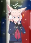  ! animal_ear_fluff animal_ears azurefetters black_gloves blue_archive blue_eyes blue_halo blue_jacket blue_skirt blunt_bangs breath commentary_request earmuffs fingerless_gloves fox_ears gloves halo highres jacket lamppost long_sleeves looking_at_viewer medium_hair multicolored_gloves neckerchief night niko_(blue_archive) outdoors pink_hair pleated_skirt red_gloves red_neckerchief sidelocks skirt snow two-tone_gloves vending_machine warming_hands winter_clothes 