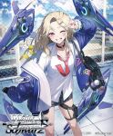  1girl amano_misaki black_choker black_skirt blonde_hair blue_jacket blue_sky blush breasts choker cloud commentary_request earrings ein_(nikke) fence goddess_of_victory:_nikke grin hair_ornament hairclip jacket jewelry long_hair long_sleeves looking_at_viewer necktie necktie_in_pocket o-ring o-ring_choker official_art one_eye_closed open_clothes open_jacket open_mouth paperclip pink_nails red_necktie rooftop shirt skirt sky small_breasts smile solo teeth weiss_schwarz white_shirt wireless_earphones 
