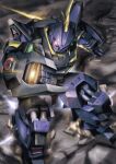  aiming aiming_at_viewer arm_cannon asteroid barzam energy firing glowing glowing_eye gundam jellyman mecha mecha_focus mobile_suit muzzle_flash one-eyed one-eyed_mecha realistic red_eyes robot science_fiction shield solo thrusters titans_(gundam) weapon zeta_gundam 