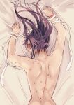  1boy back bdsm bed_sheet bite_mark black_eyes blush bound bound_wrists commentary_request from_above from_behind full-face_blush grandmaster_of_demonic_cultivation hair_down hair_spread_out hickey holding holding_ribbon implied_yaoi long_hair looking_back lying male_focus nude on_bed on_stomach open_mouth profile purple_eyes ribbon ribbon_bondage rope_marks saliva sheet_grab solo tears twitter_username unan_tyara wei_wuxian white_ribbon 