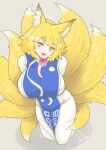  1girl animal_ear_fluff animal_ears blonde_hair blue_tabard breasts commentary_request dress fang fox_ears fox_girl fox_tail full_body grey_background highres kitsune large_breasts looking_at_viewer multiple_tails open_mouth short_hair signature simple_background slit_pupils solo tabard tail touhou warosufox white_dress yakumo_ran yellow_eyes 
