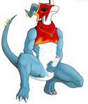  2014 armor bandai big_penis blue_skin digimon flamedramon guilmon1998 jake_the_flamedramon male masturbation open_mouth penis piercing red_eyes solo 