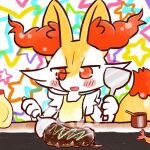  1:1 2022 abstract_background ambiguous_anthro ambiguous_gender annyui0611 anthro bib biped blush braixen bust_portrait canid cooking cute_fangs digital_drawing_(artwork) digital_media_(artwork) dipstick_tail fangs food front_view generation_6_pokemon hi_res holding_object japanese_description mammal markings mayonnaise nintendo okonomiyaki open_mouth open_smile pokemon pokemon_(species) portrait shrimp_(food) smile snout solo spatula star_polygon steam tail tail_markings teeth tools translated_description 