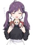  1girl :d ^_^ ahoge black_shirt character_doll closed_eyes collarbone commentary doll facing_viewer gakuen_idolmaster hair_ornament hanami_saki hanami_ume highres holding holding_doll idolmaster juo_sena kaya_rinha long_hair long_sleeves off-shoulder_shirt off_shoulder open_mouth purple_hair shirt skirt smile solo translation_request twintails v-shaped_eyebrows white_skirt yukitake_(bullfalk) 