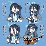  1girl absurdres acoustic_guitar aris_(blue_archive) black_hair blue_archive blue_background chiitara_(ghay3h) clenched_hand commentary fuyu_no_hana guitar hair_between_eyes hand_up highres holding holding_guitar holding_instrument holding_microphone inmufag_aris_(meme) instrument long_hair manatsu_no_yo_no_inmu meme microphone multiple_views one_side_up open_mouth sidelocks simple_background smile translation_request v-shaped_eyebrows very_long_hair 