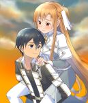  1boy 1girl asuna_(sao) asuna_(stacia)_(sao) belt black_belt black_hair black_jacket black_shirt blush braid breasts brown_eyes brown_hair capelet carrying cloud cloudy_sky coat collared_jacket commentary_request double-parted_bangs embarrassed grey_coat grey_eyes grey_skirt grey_trim hair_between_eyes half_up_half_down_braid highres jacket kirito long_hair long_sidelocks looking_at_another looking_down medium_breasts messy_hair multicolored_coat multicolored_jacket open_clothes open_jacket orange_sky pantyhose parted_bangs piggyback shirt short_hair sidelocks skirt sky straight_hair sword_art_online sword_art_online:_alicization sword_art_online:_moon_cradle tu_tora2 two-tone_coat two-tone_jacket white_capelet white_coat white_jacket white_pantyhose wing_collar yellow_trim 