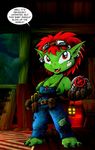  3_toes breasts cleavage clothed clothing drake_fenwick female goblin green_skin hair humanoid looking_at_viewer nipples overalls red_eyes red_hair toes 