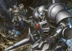  blue_eyes commentary_request crossbone_vanguard debris den'an_zon emblem flying gundam gundam_f91 highres holding holding_polearm holding_weapon lance mecha mecha_focus mobile_suit no_humans polearm robot ruins science_fiction shot_lancer shoulder_spikes spikes takani_yoshiyuki_(style) weapon youkoumori 