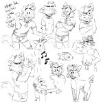  1:1 anthro aquatic black_and_white boxer_briefs canid canine canis clothed clothing collar confident crossed_arms darwin_(tinydeerguy) deer directional_arrow domestic_dog english_text eyes_closed fish flexing_muscles giraffe giraffid group half-closed_eyes hi_res male mammal markings matt_riskely monochrome muscular muscular_male musical_note musical_symbol narrowed_eyes open_mouth open_smile pantsless pantsless_anthro pantsless_male playing_music playing_trumpet procyonid raccoon sam_(tinydeerguy) shirt simple_background sketch smile spots spotted_markings symbol t-shirt text tinydeerguy toony topless topless_anthro topless_male topwear underwear white_background 