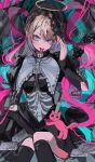  1girl black_dress black_thighhighs black_veil blonde_hair blue_eyes blue_hair chouzetsusaikawa_tenshi-chan commentary_request dress drugs gradient_hair halo highres juliet_sleeves long_hair long_sleeves momae_mac multicolored_hair needy_girl_overdose pien_cat_(needy_girl_overdose) pill pink_hair puffy_sleeves purple_hair quad_tails skeleton_print solo thighhighs tongue tongue_out veil very_long_hair yellow_halo 