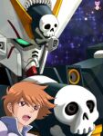  1boy absurdres angry artist_logo artist_name blurry blurry_background brown_hair commentary_request crossbone_gundam crossbone_gundam_x-1 crossbone_vanguard green_eyes gundam highres jolly_roger logo mecha mecha_pilot_suit medal mobile_suit nebula nyahoekaki1 portrait red_eyes robot science_fiction shouting signature space star_(sky) tobia_arronax v-fin 