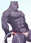  abs anthro bear biceps big_muscles black_nose blue_eyes blue_fur blush bulge clothing feline fur gradient_background grey_fur grey_nipples grin hybrid looking_at_viewer male mammal manya muscles nipples panther pecs pool solo speedo swimsuit wet 