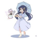  2girls ahoge artist_logo barefoot blue_dress blue_eyes blue_hair bow bowtie brown_bow brown_bowtie collar dress fairy fairy_wings green_bow green_collar hair_bow hair_ornament hand_fan handheld_electric_fan highres holding holding_fan holding_umbrella kitagawa_suigetsu kitagawa_suigetsu_(character) logo long_hair looking_at_viewer low_twintails mini_person minigirl multiple_girls open_mouth original pink_hair pink_wings pointy_ears ponytail sandals trian_(kitagawa_suigetsu) twintails umbrella white_background white_bow white_dress white_sandals wings 