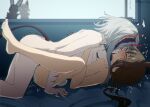  2girls amiya_(arknights) animal_ears arknights bite_mark bite_mark_on_neck bite_mark_on_shoulder blue_choker blush breast_press breasts brown_hair choker closed_eyes commentary completely_nude demon_tail english_commentary evalithfog french_kiss grey_hair highres horns indoors kiss long_hair medium_breasts multiple_girls nude on_bed pussy_juice rabbit_ears rabbit_girl rabbit_tail red_nails scar scar_on_arm stuffed_animal stuffed_rabbit stuffed_toy sweat tail tribadism twitter_username w_(arknights) yuri 