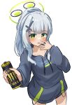  1girl absurdres black_halo blue_archive blue_hoodie can commentary_request energy_drink green_eyes green_halo grey_hair hair_ornament hairpin halo hare_(blue_archive) highres holding holding_can hood hoodie kaiko_(ota_umitsuki) long_hair looking_at_viewer multicolored_halo ponytail simple_background thighs two-tone_halo white_background 