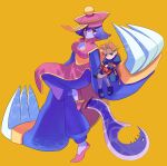  2girls absurdres anita_(darkstalkers) blonde_hair blue_eyes blue_hair blue_skin braid breasts chinese_clothes claw_(weapon) claws cleavage cleavage_cutout clothing_cutout colored_skin commentary_request darkstalkers dress flats flipped_hair hat highres hsien-ko jiangshi large_breasts long_hair multiple_girls ofuda purple_hair qingdai_guanmao red_eyes sakamoto_kouji short_hair simple_background stuffed_animal stuffed_toy weapon yellow_background zombie 