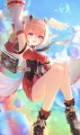  1girl absurdres aki_maple aqua_wings backpack bag blue_sky breasts commentary_request dress genshin_impact hair_wings head_wings highres linnea_(genshin_impact) medium_breasts open_mouth pink_hair pink_wings pointy_ears rainbow red_dress short_hair_with_long_locks sky smile solo thighs two-tone_wings wings 