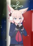  animal_ear_fluff animal_ears azurefetters black_gloves blue_archive blue_eyes blue_halo blue_jacket blue_skirt blunt_bangs breath commentary_request earmuffs fingerless_gloves fox_ears gloves halo highres jacket lamppost long_sleeves medium_hair multicolored_gloves neckerchief night niko_(blue_archive) outdoors pink_hair pleated_skirt red_gloves red_neckerchief sidelocks skirt snow two-tone_gloves vending_machine warming_hands winter_clothes 