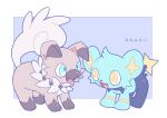  blue_eyes commentary_request fang fangs happy no_humans pokemon pokemon_(creature) rockruff shinx smile standing tama0_0 tongue tongue_out yellow_eyes 