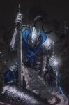  1boy animal armor artorias_the_abysswalker black_background blood blood_on_arm commentary dark_souls_(series) dark_souls_i english_commentary full_armor gauntlets greatsword grey_wolf helmet highres holding holding_sword holding_weapon knight male_focus open_mouth pauldrons plume revision shield shoulder_armor squatting sword weapon wolf yujia0412 