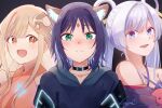  3girls absurdres animal_ears black_background black_choker blonde_hair blue_eyes blue_hair blue_hoodie blue_kimono breasts brown_eyes cho_kaguya-hime! choker cleavage closed_mouth crescent crescent_hair_ornament fox_ears fox_girl green_eyes hair_ornament hair_rings hair_stick highres hood hood_down hoodie japanese_clothes kage_ochi kaguya_(cho_kaguya-hime!) kimono long_hair looking_at_viewer medium_hair multiple_girls nail_polish off_shoulder open_mouth purple_hair purple_kimono rabbit_ears rabbit_girl red_eyes runami_yachiyo sakayori_iroha simple_background twintails upper_body white_hair 