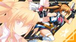  1girl ankle_boots black_boots black_bracer black_gloves black_ribbon blue_eyes boots commentary_request commission cropped_jacket cross_mirage double-parted_bangs dual_wielding floating_hair floating_ribbon foot_out_of_frame front_zipper gloves gun hair_between_eyes hair_ribbon handgun high_heel_boots high_heels highres holding holding_gun holding_weapon jacket long_hair looking_at_viewer lyrical_nanoha mahou_shoujo_lyrical_nanoha_strikers orange_hair oshimaru026 parted_lips ribbon sidelocks skeb_commission sleeveless sleeveless_jacket solo teana_lanster thighhighs tsurime twintails v-shaped_eyebrows weapon white_jacket white_thighhighs zipper zipper_pull_tab zoom_layer 