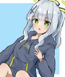  1girl black_halo blue_archive blue_background blue_hoodie commentary_request green_eyes green_halo grey_hair hair_ornament hairpin halo hare_(blue_archive) highres hood hoodie kaiko_(ota_umitsuki) long_hair looking_at_viewer multicolored_halo ponytail thighs two-tone_background two-tone_halo white_background 