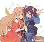  2girls animal_ears artist_collaboration black_choker black_hair blonde_hair blue_hair blue_hoodie brown_eyes brown_hair chinese_commentary cho_kaguya-hime! choker clenched_teeth colored_inner_hair commentary_request crescent crescent_hair_ornament fafayu forehead_jewel fox_ears fox_girl fox_tail green_eyes hair_ornament highres holding_hands hood hood_down hoodie hug interlocked_fingers japanese_clothes kaguya_(cho_kaguya-hime!) kimono long_hair low-tied_long_hair multicolored_hair multiple_girls open_mouth rabbit_ears rabbit_girl red_kimono sakayori_iroha sidelocks simple_background taboom002 tail teeth w white_background 