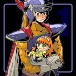  1boy armor black_background blue_eyes blush_stickers bodysuit breastplate cape character_doll d_d_work doll dragon_quest dragon_quest_i dress fake_horns gloves green_eyes grey_gloves helmet hero_(dq1) highres horned_helmet horns light_blush nervous_smile orange_bodysuit orange_hair parted_lips plume princess_laura red_cape shoulder_armor smile sweatdrop tiara twitter_username upper_body wide-eyed yellow_dress 