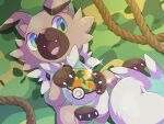  blue_eyes claws commentary_request dog green_eyes highres kechon-san lying multicolored_eyes no_humans on_back poke_ball pokemon pokemon_(creature) pokemon_focus rockruff rope safari_ball smile two-tone_eyes 