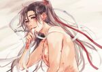  1boy bed_sheet bishounen bite_mark black_hair blush brown_hair commentary_request crying crying_with_eyes_open grandmaster_of_demonic_cultivation hair_ribbon hickey holding holding_ribbon implied_after_sex implied_yaoi long_hair looking_at_viewer lying male_focus mouth_hold nipples nude on_bed on_side parted_lips pectorals ponytail purple_eyes red_ribbon ribbon ribbon_in_mouth rope_marks smile solo sweat tears twitter_username unan_tyara upper_body wei_wuxian white_ribbon 