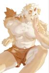  1boy abs animal_ears arknights bara bulge claws closed_mouth colored_tips commentary dog_ears dog_tail furry furry_male hand_on_another's_cheek hand_on_another's_face horns hung_(arknights) komainu_boy looking_at_another male_focus multicolored_hair muscular muscular_male navel nipples one_eye_closed orange_shorts pectorals shorts shoya_nagi single_horn sitting smile tail topless_male white_background 
