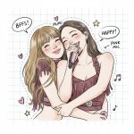  2girls ^_^ blackpink blonde_hair blunt_bangs blush brown_hair closed_eyes commentary frills heart holding holding_microphone hug hug_from_behind jennie_(blackpink) jenniexmumu lisa_(blackpink) long_hair microphone multiple_girls musical_note pink_lips speech_bubble star_(symbol) 