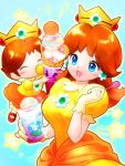 2girls :d ^_^ baby baby_daisy blue_background blue_eyes blush_stickers breasts brooch brown_hair closed_eyes crown cup dress dual_persona earrings flipped_hair flower_brooch flower_earrings food frilled_gloves frills gloves happy harurin_z highres holding holding_food holding_ice_cream holding_spoon ice_cream ice_cream_cone jewelry long_hair mario_(series) medium_hair multiple_girls open_mouth orange_dress pacifier princess_daisy puffy_short_sleeves puffy_sleeves shoes short_hair short_sleeves smile spoon star_(symbol) super_mario_bros._1 yellow_dress yellow_gloves 