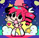  1girl :d ahoge arm_up chibi chibi_only commentary confetti dress drill_hair full_body hair_between_eyes hair_ribbon heart holding holding_microphone iruku15 kasane_teto microphone open_mouth pink_dress pink_shoes raised_inner_eyebrows red_hair ribbon shoes smile spoken_for_(synthesizer_v) spotlight stage standing star_(symbol) sweat synthesizer_v tearing_up thighhighs twin_drills utau white_ribbon white_thighhighs 