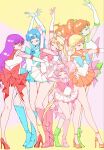  6+girls aino_minako arms_up back_bow bishoujo_senshi_sailor_moon blonde_hair blue_bow blue_bowtie blue_hair blue_sailor_collar blue_skirt boots bow bowtie breasts brown_hair chibi_usa child closed_eyes commentary_request cone_hair_bun double_bun elbow_gloves full_body gloves green_sailor_collar green_skirt hair_bobbles hair_bun hair_ornament half_updo high_heel_boots high_heels highres hino_rei kino_makoto knee_boots long_hair medium_breasts miniskirt mizuno_ami mother_and_child mother_and_daughter multiple_girls orange_sailor_collar orange_skirt parent_and_child pink_bow pink_bowtie pink_hair pink_sailor_collar pleated_skirt ponytail pumps purple_bow purple_hair red_bow red_bowtie red_sailor_collar red_skirt robin_712754 sailor_chibi_moon sailor_collar sailor_jupiter sailor_mars sailor_mercury sailor_moon sailor_senshi_uniform sailor_venus school_uniform see-through_clothes see-through_sleeves serafuku short_hair skirt standing strappy_heels tiara tsukino_usagi twintails white_gloves white_skirt yellow_background 