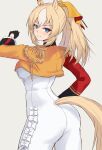  1girl absurdres aiguillette animal_ears ass asymmetrical_jacket blonde_hair blue_eyes blush bodysuit breasts closed_mouth commentary_request durandal_(chevalier_fidele)_(umamusume) durandal_(umamusume) ear_covers epaulettes frilled_bodysuit from_behind fukai_asase gloves hair_between_eyes highres horse_ears horse_girl horse_tail jacket long_hair looking_at_viewer medium_breasts multicolored_hair simple_background single_ear_cover smile solo tail two-tone_hair umamusume white_bodysuit white_hair yellow_jacket 