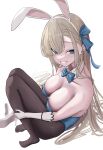  1girl absurdres animal_ear_hairband animal_ears asuna_(blue_archive) asuna_(bunny)_(blue_archive) bare_shoulders blonde_hair blue_archive blue_bow blue_bowtie blue_eyes blue_leotard blue_ribbon bow bowtie breasts brown_pantyhose cleavage commentary_request detached_collar elbow_gloves fake_animal_ears from_above full_body gloves hair_between_eyes hair_ribbon hairband high_heels highres huge_breasts leotard looking_at_viewer mole mole_on_breast no_shoes official_alternate_costume ogura_toast pantyhose rabbit_ears ribbon shoes simple_background sitting sleeveless smile solo strapless strapless_leotard teeth unworn_shoes white_background white_gloves white_hairband white_shoes 