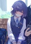  1boy 1girl absurdres bag blue_ribbon blue_skirt blue_vest blurry blurry_background blush closed_mouth collared_shirt commentary_request earphones flower gakuen_idolmaster hair_flower hair_ornament hataya_misuzu hatsuboshi_gakuen_school_uniform highres idolmaster kirizuki_reika long_sleeves mole mole_under_mouth neck_ribbon on_bench out_of_frame outdoors producer_(idolmaster) purple_eyes purple_hair ribbon school_bag school_uniform shared_earphones shirt short_hair sitting skirt smile solo_focus tassel tassel_hair_ornament vest white_shirt 