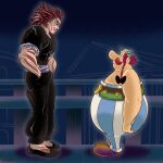  2boys absurdres asterix_and_obelix belt black_pants black_shirt black_shoes braid brown_shoes closed_mouth commentary commission crossover english_commentary facial_hair fake_horns from_side gizmo01_gizmo grappler_baki hands_in_pockets hanma_yujiro helmet highres horned_helmet horns looking_at_another male_focus multiple_boys muscular muscular_male mustache o-ring o-ring_belt obelix pants red_hair shirt shoes striped_clothes striped_pants vertical-striped_clothes vertical-striped_pants 
