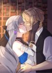  1boy 1girl absurdres alternate_costume bare_shoulders black_gloves blonde_hair blurry blurry_background blush book bookshelf bronya_rand closed_eyes commentary detached_sleeves earrings elbow_gloves facing_another french_kiss from_side gepard_landau gloves grey_hair hair_ornament hands_on_another's_head hands_on_another's_hips hetero highres honkai:_star_rail honkai_(series) indoors jewelry kiss long_hair profile shirt short_hair short_sleeves upper_body white_shirt yona_(illustyona) 