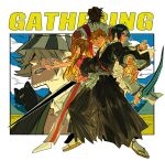  1girl 4boys back-to-back beard_stubble black_cat black_hair black_kimono bleach blonde_hair blue_eyes border brown_hair cat facial_hair fighting_stance full_body furrowed_brow hair_between_eyes hair_ornament hair_over_eyes highres holding holding_sword holding_weapon inoue_orihime ishida_uryuu jacket japanese_clothes kimono kurosaki_ichigo long_hair medium_hair multiple_boys orange_hair outstretched_arms pants parted_bangs parted_lips pink_shirt sado_yasutora sandals shihakusho shirt short_hair snowflake_hair_ornament spiked_hair striped_clothes striped_hat striped_pants stubble sword teeth upper_body urahara_kisuke weapon white_border white_jacket xi_luo_an_ya 