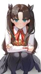  1girl absurdres black_skirt blush breasts brown_hair brown_vest fate/stay_night fate_(series) green_eyes hair_ribbon highres long_hair long_sleeves looking_at_viewer marumai medium_breasts pantyhose parted_bangs ribbon shirt skirt solo squatting thighs tohsaka_rin two_side_up vest white_shirt 