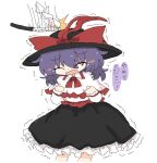  1girl black_hat black_skirt bow capelet closed_eyes gohei hat hat_bow hitting kuuinusuki long_sleeves medium_hair nagae_iku open_mouth purple_hair red_bow shirt short_hair simple_background skirt solo tearing_up touhou translation_request white_background white_capelet white_shirt 