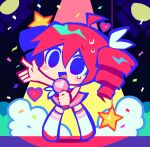  1girl :d ahoge arm_up blue_eyes chibi chibi_only colored_lineart commentary confetti dress drill_hair full_body hair_between_eyes hair_ribbon heart holding holding_microphone iruku15 kasane_teto microphone open_mouth pink_dress pink_shoes raised_inner_eyebrows red_hair ribbon saturated shoes smile spoken_for_(synthesizer_v) spotlight stage standing star_(symbol) sweat synthesizer_v tearing_up thighhighs twin_drills utau white_ribbon white_thighhighs 